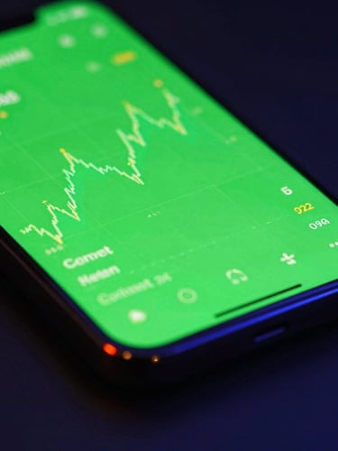 Tight macro shot of a sleek smartphone screen displaying an electric green stock trend card, dark moody studio lighting, vibrant neon accents