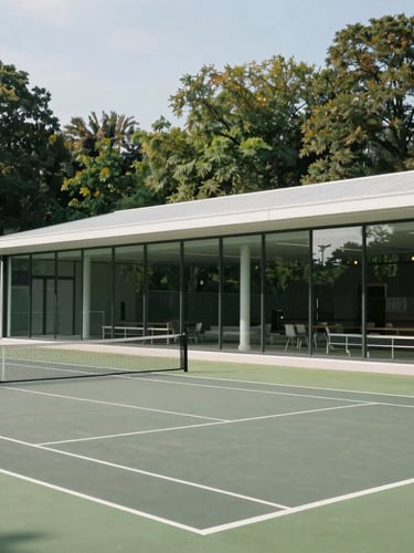 Architectural view of a premium modern club house with glass walls overlooking outdoor tennis courts, bright natural daylight, 35mm