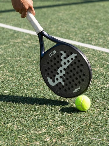Close-up action shot of a premium graphite padel racket striking a tennis ball, crisp morning light, sharp shadows on a textured green court surface.