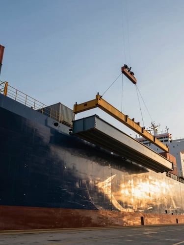 Low-angle heroic perspective of architectural steel beams being loaded onto a massive cargo ship at a modern European logistics hub, golden hour sun glinting off metallic surfaces, sharp daylight, deep navy and warm gold tones