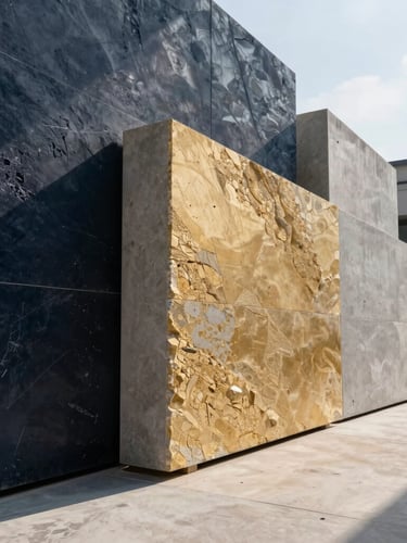 Close-up of high-quality raw stone textures and structured concrete panels at a clean, modern architectural site, dramatic high-contrast daylight with sharp shadows