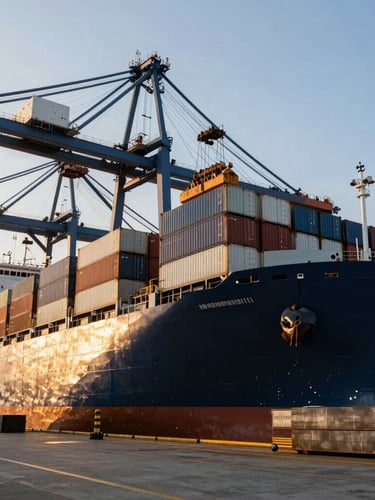 Low-angle heroic wide shot of a massive container ship unloading raw industrial steel and bulk cargo at a modern port terminal, high-contrast architectural daylight, golden hour glinting off metal surfaces.