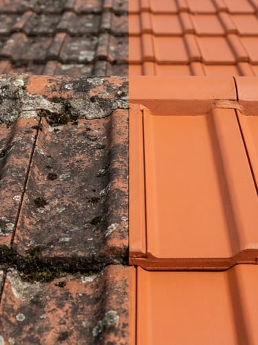 High-contrast split-screen image of a dirty terracotta roof tile next to a clean, vibrant terracotta roof tile, showing a clear transition line. Bright natural daylight, 35mm lens.