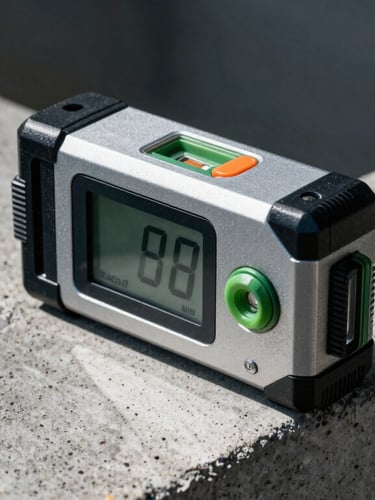 Macro shot of a high-precision digital laser level measuring tool resting on a textured concrete structure, high-contrast cool lighting, geometric precision.