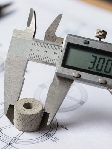 Extreme close-up of a high-precision digital caliper measuring a concrete core sample on a technical blueprint, crisp natural light, geometric composition.