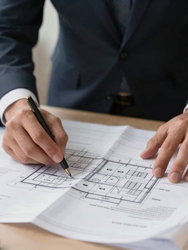 Professional close-up of a civil engineer in a dark suit analyzing structural blueprints overlaid with legal documents, crisp side lighting, high-contrast geometry