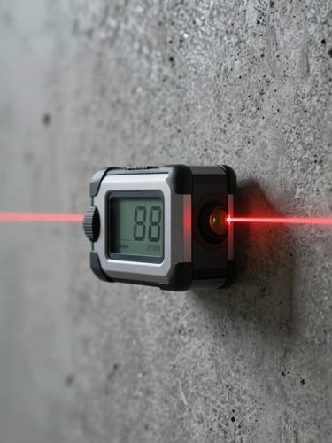 Macro shot of a high-precision digital laser level casting a crisp red line onto a textured concrete wall, cool architectural lighting