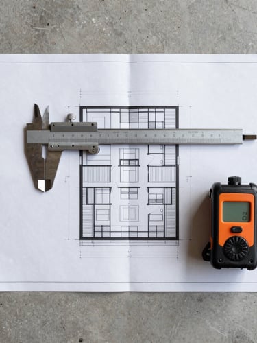 Symmetrical architectural blueprint laid flat on a concrete table, overlaid with a technical steel caliper and a laser distance meter, high-contrast clean lighting.