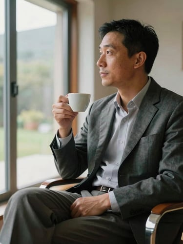 A candid, relaxed portrait of a dentist in tailored civilian clothing sitting in a mid-century modern villa, soft natural morning light, holding a ceramic espresso cup, looking thoughtfully out a large window.