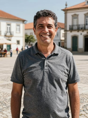 A friendly and approachable portrait of Júnior Socorrista, a local city councilor, smiling in natural outdoor daylight in a town square in Porteirinha, 35mm lens documentary style.