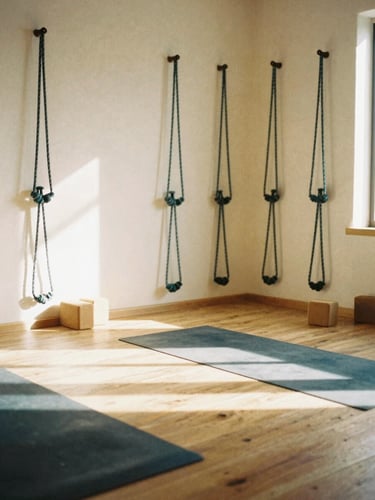 Soft warm 35mm photography of a sunlit yoga shala in Mallorca, wooden floors, yoga blocks and ropes near a white wall, serene Mediterranean morning light.