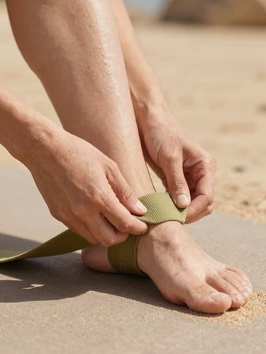 Close-up of hands adjusting a yoga strap around a foot, showing precise alignment, warm Mediterranean daylight, soft shadows, earthy sand tones, shallow depth of field.