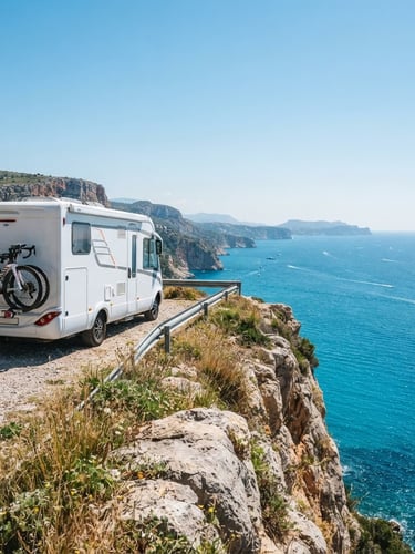 Bright editorial photography, a modern white motorhome with professional road bikes mounted on the back, parked on a high cliff overlooking the sunny Mediterranean sea, crisp daylight, 35mm.