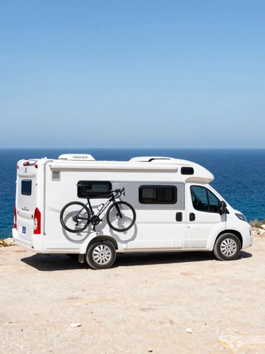 A modern white motorhome with premium road bicycles mounted on the back, parked on a sunny cliff overlooking the deep blue Mediterranean Sea in Spain.