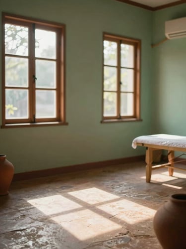 Soft morning daylight filtering through wooden windows onto a quiet therapy room in Dharwad, soft dappled shadows on natural stone floor, warm clay accents.