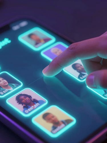 Extreme close-up of fingers interacting with a glowing neon touchscreen displaying a high-fidelity casual game interface, dark studio environment.