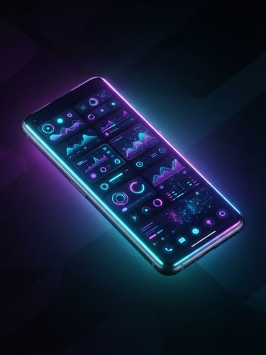 Sleek isometric 3D render of a modern Android smartphone displaying a vibrant interface with glowing neon cyan and violet edge lighting.
