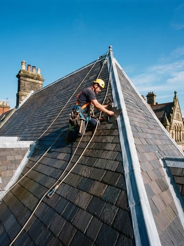 Low-angle architectural shot of a worker safely secured on a steep slate roof under bright morning sun, rich slate and zinc tones, 35mm