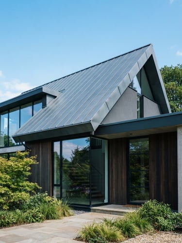 Low-angle architectural shot of a modern house with a perfectly aligned zinc metal roof, crisp daylight, rich slate grey and zinc blue tones, sharp focus, 35mm