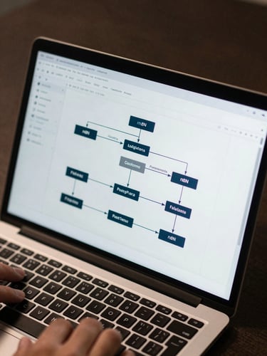 Tight overhead crop of a laptop screen showing an n8n workflow canvas with interconnected nodes and logic branches, hands partially visible at the keyboard bottom edge, cool monitor glow, no reflections, dark desk surface