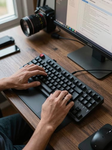 Overhead shot of hands on a mechanical keyboard with a trackpad beside it, n8n workflow visible on the monitor in the background, natural window light from the left side, real desk setup with cables and tools visible, unglamorous working environment