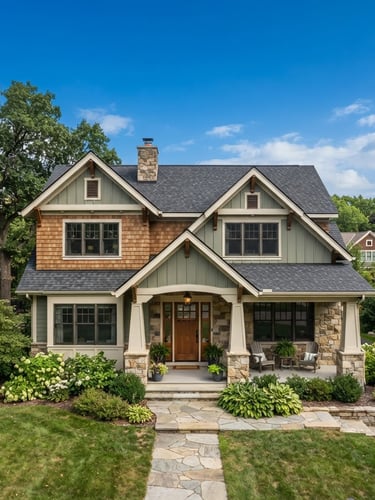 Wide architectural exterior of a modern craftsman home with a newly installed architectural shingle roof under a bright post-storm blue sky, crisp natural light.