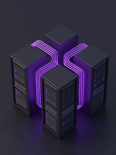 3d render of abstract geometric infrastructure, secure physical server racks connected by glowing violet fiber optic lines, dark mode, isometric perspective, clean vector lines, high-contrast studio lighting