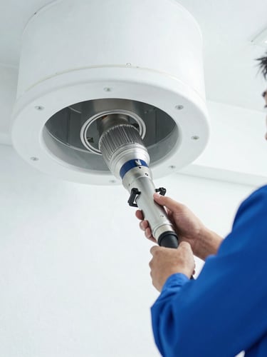 Bright daylight close-up of a professional technician in a clean uniform operating a specialized high-power vacuum hose inside a modern ventilation duct
