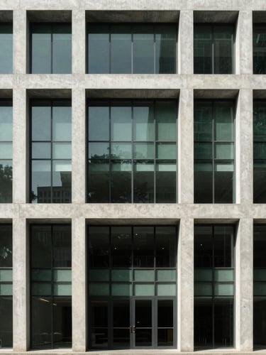 Wide architectural elevation of a modern concrete and glass commercial building in Noida, harsh realistic sunlight, sharp geometric shadows, desaturated green accents, 24mm