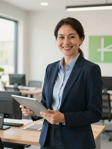 A warm, professional portrait of an accounting advisor in a bright, modern Arizona office, smiling, holding a tablet with clean financial data, natural lighting