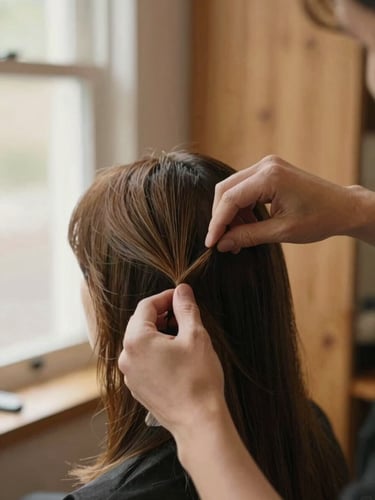 Close-up of a professional hairdresser's hands carefully styling a client's warm brown hair, soft natural daylight filtering through the window, warm oak wood background, 35mm photography
