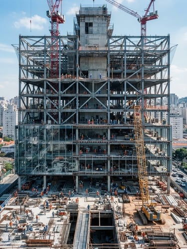 Wide environmental shot of a modern São Paulo commercial building under construction, visible structural steel frames, bright natural daylight, crisp shadows