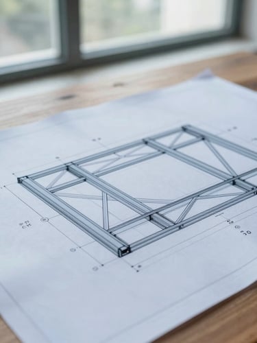 Close-up of technical blueprint drawings on a wooden desk, structural steel frames visible through a window in the background, bright natural daylight, cool blue tones.