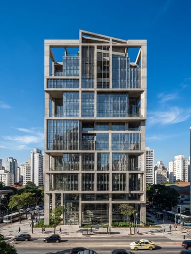 Wide architectural shot of a modern commercial building in São Paulo under a bright clear sky, structural concrete and glass facade, crisp daylight shadows, 35mm lens.