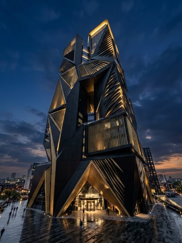 Ultra-wide shot of a monolithic, modern architectural facade at twilight, high-contrast matte black and gold tones, dramatic structural angles, low horizon, expansive sky. Architectural photography.