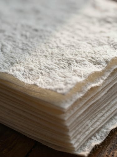 Macro close-up of heavy textured cotton paper sheets stacked in a workshop, soft natural side-light highlighting the fiber textures, editorial style