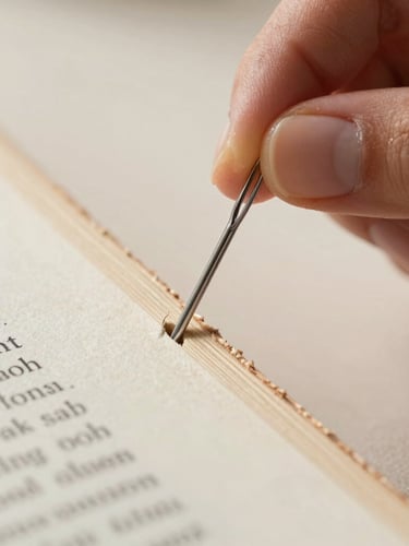 Macro close-up of artisan hands threading a thick needle through the exposed spine of a book, crisp natural light highlighting the texture of the linen thread and the fibrous paper edges, shallow depth of field.