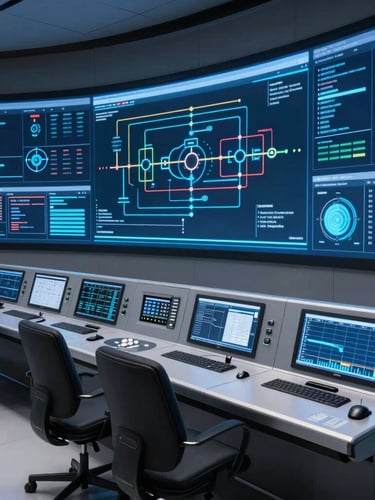 A wide panoramic perspective of an advanced algorithmic control room, glowing digital dashboards mapping project lifecycles, cool silver and electric blue luminescence