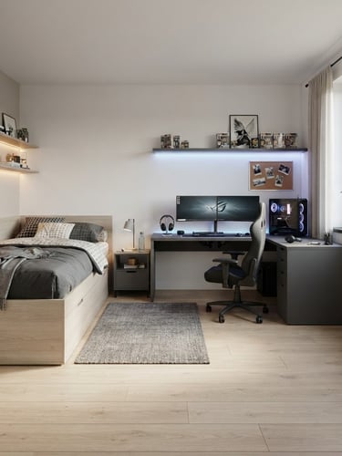 Wide shot of a modern teen bedroom, light ash wood storage bed with integrated drawers, a matte charcoal gaming desk setup with dual monitors and cable routing, natural window light, subtle LED glow from tech. Clean lines, structured layout.