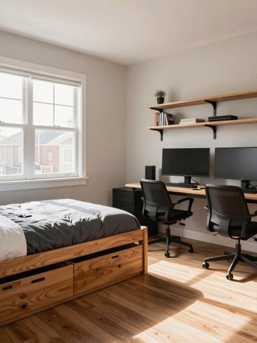 Wide-angle shot of a meticulously organized teen bedroom, featuring a storage bed, gaming desk with dual monitors, and wall-mounted shelves, bathed in bright natural window light, warm wood and charcoal tones.