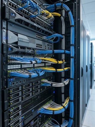 Close-up clean corporate photography of a modern server rack with organized cabling, bright natural office light, cool slate and blue tones, sharp focus, 35mm lens, viewed from a slight angle.