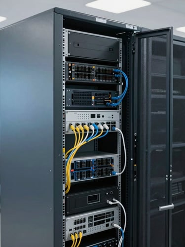 Técnico da New Work realizando manutenção de hardware em um servidor rack em um ambiente de escritório moderno, com cabos organizados e iluminação natural.