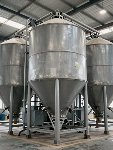 Industrial documentary photo of a modern rice parboiling facility with massive steel sorting silos, bright natural warehouse lighting, 35mm lens, sharp focus