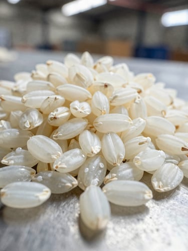Macro close-up of raw and processed Sona Masoori rice grains on a neutral steel surface, sharp focus, bright natural industrial light, 35mm lens.