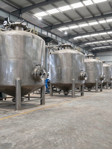 Wide-angle industrial documentary photography of a modern rice milling facility floor, bright natural warehouse lighting, massive steel parboiling tanks, clean concrete paths, 35mm lens.