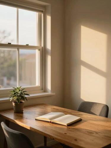 Wide window in a quiet domestic room, late-afternoon golden light falling across a wooden desk holding a single open notebook and a small potted sage plant, empty chair beside it, warm shadow detail on the wall, calm and unhurried atmosphere