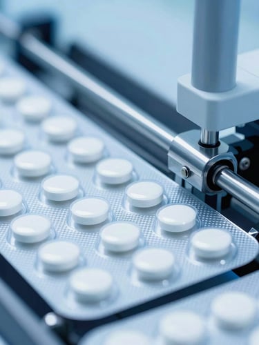 Macro shot of automated blister packaging line sealing white tablets in a sterile pharmaceutical cleanroom, bright blue-tinted laboratory light, sharp focus, 35mm