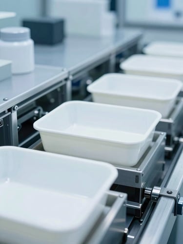 Close-up of clean, automated pharmaceutical packaging line with sterile white trays under bright high-key clinical lighting.