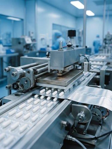 Macro shot of automated blister packaging lines sealing white capsules in a sterile, blue-tinted clinical laboratory environment, sharp focus, 35mm