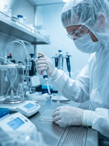 Macro shot of a pharmaceutical scientist in a sterile white cleanroom suit adjusting precision laboratory equipment under high-key blue-tinted lighting.